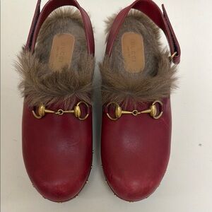 Gucci Red Leather Loafers with Fur Trim